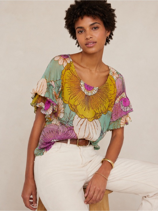 Odille Tops - Anthropologie Odille Silk Floral Ruffle Sleeve Blouse Size 2